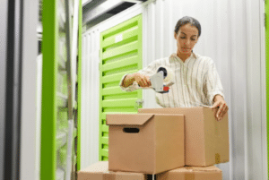 Ragazza che chiude gli scatoloni da custodire nel self storage
